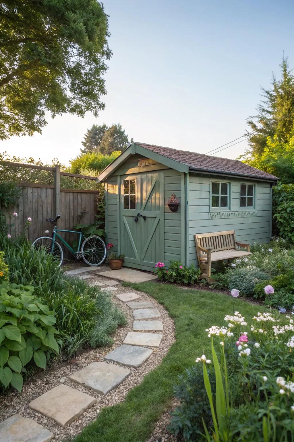 Protect your bike outdoors with a charming small shed.