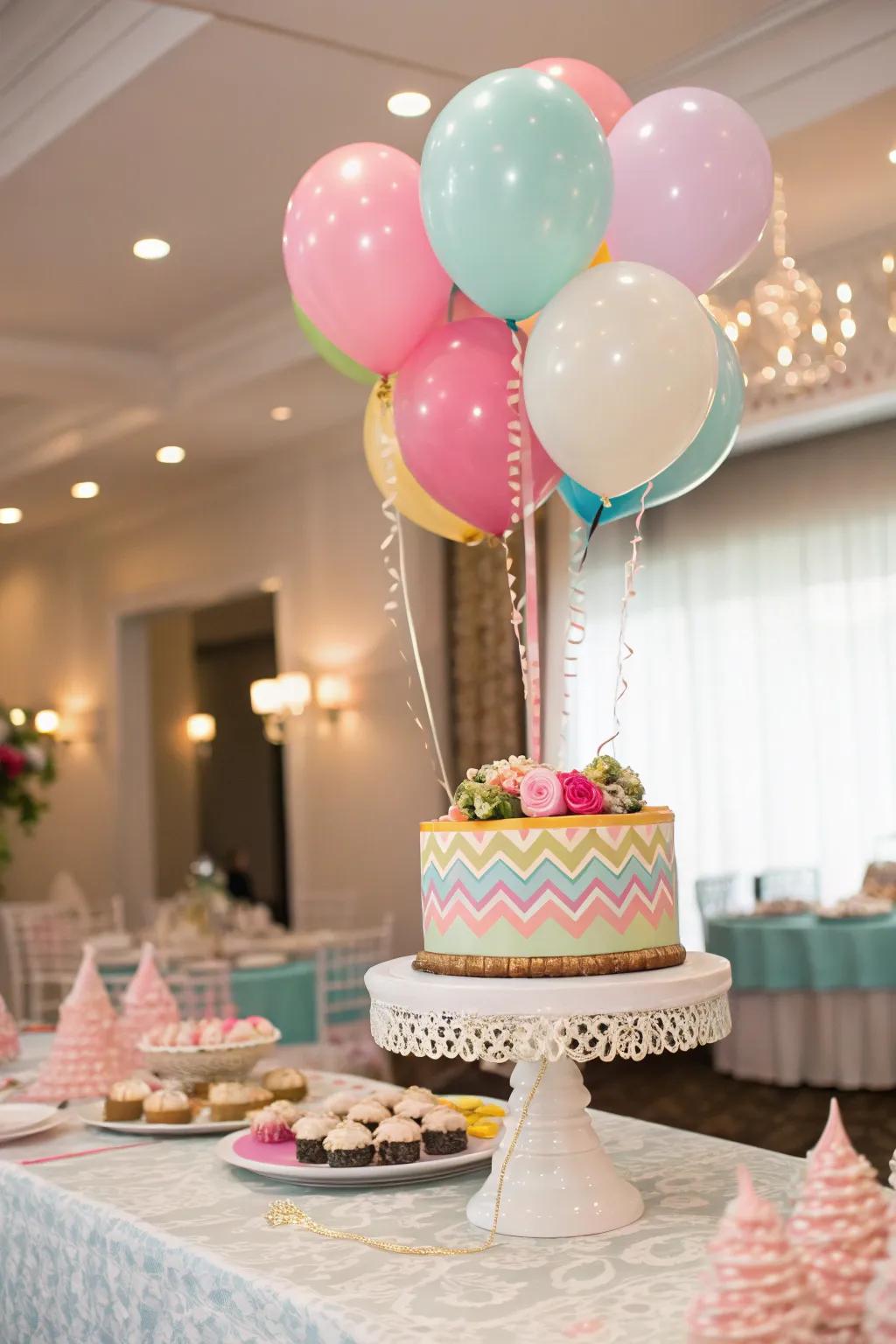 A whimsical balloon cake stand that elevates the dessert to become the party's centerpiece.