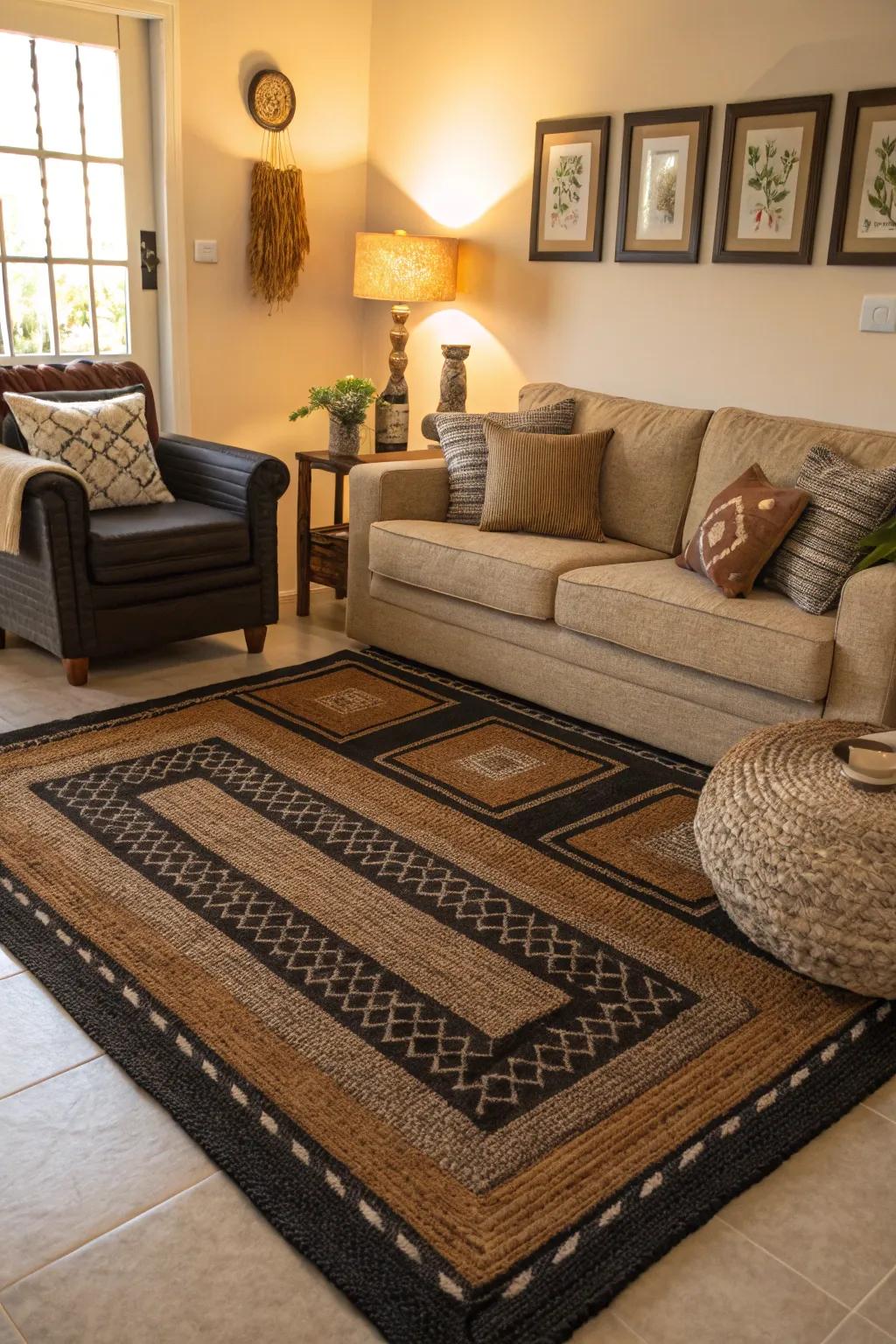 Layered rugs add depth and comfort.