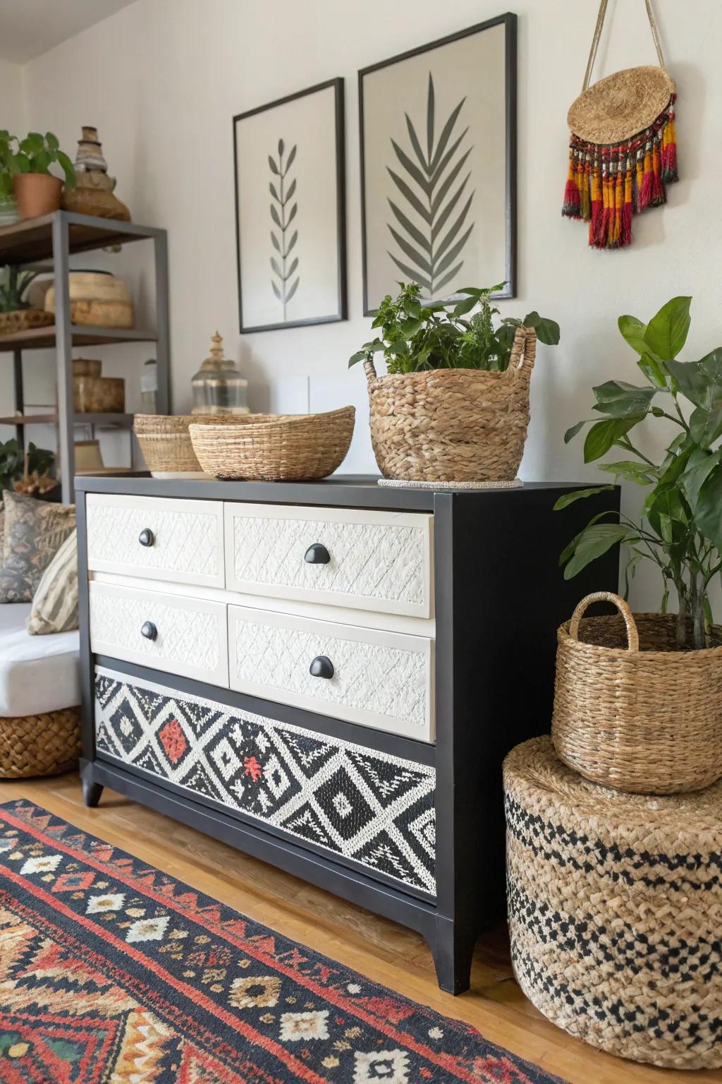 A bohemian dresser pairs monochrome with natural textures for an eclectic vibe.