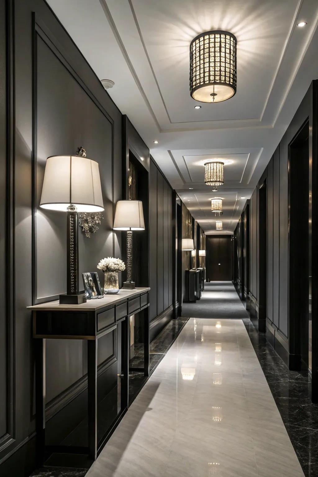 Layered lighting creates a cozy ambiance in this hallway.