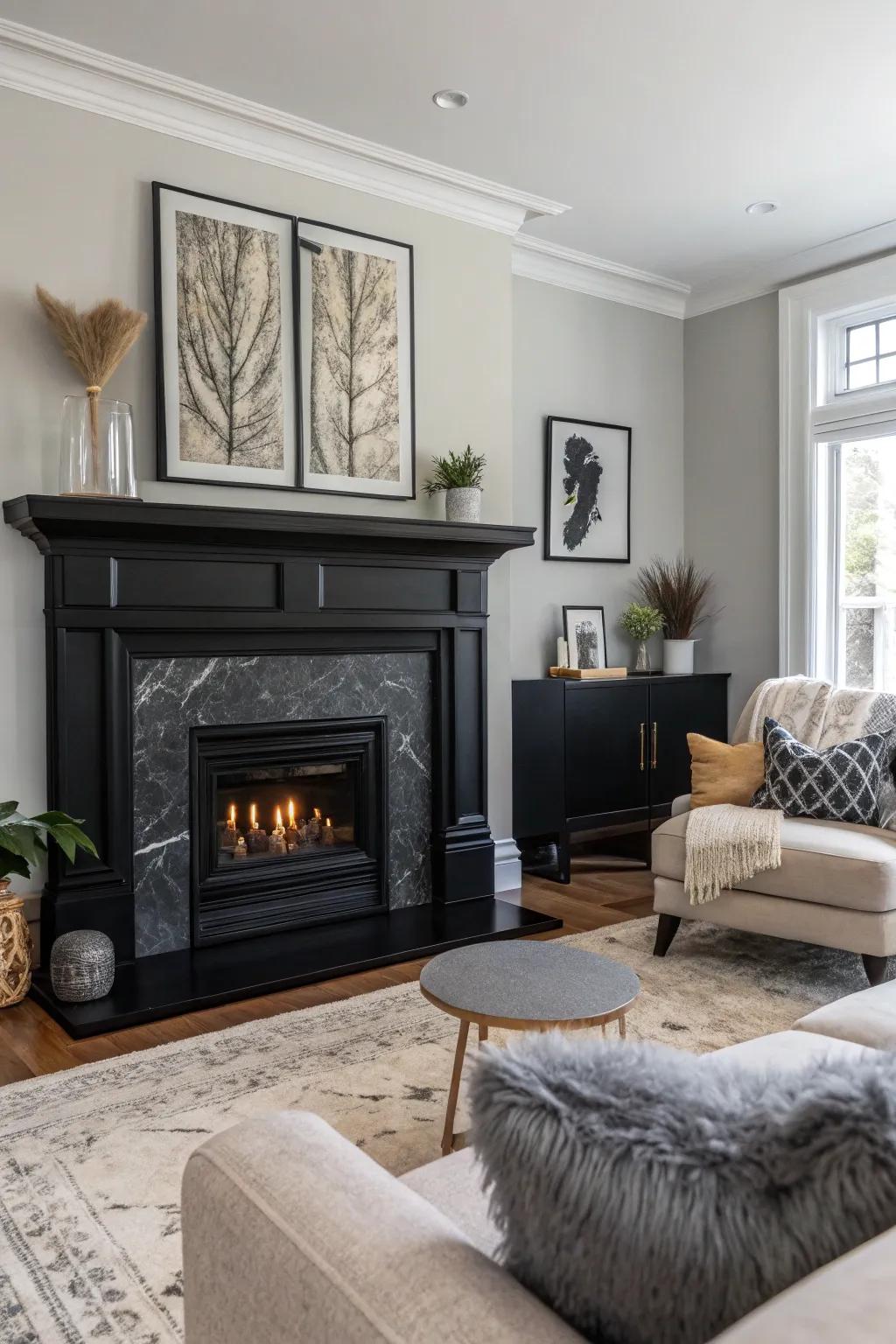 A living room with a striking black fireplace as its focal point.