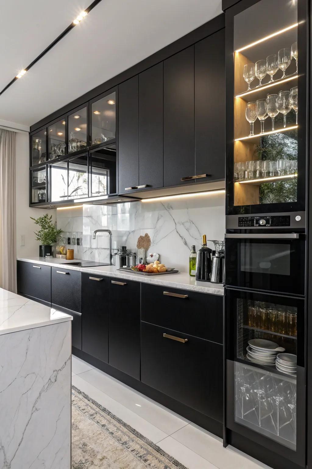 High-gloss black cabinets adding a sleek and polished look to the kitchen.