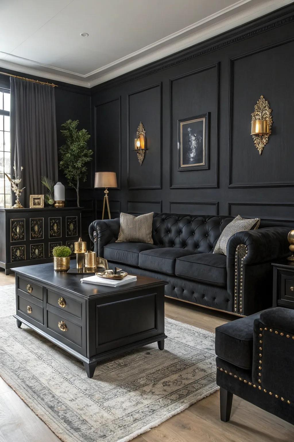 A harmonious living room where black furniture complements the walls.