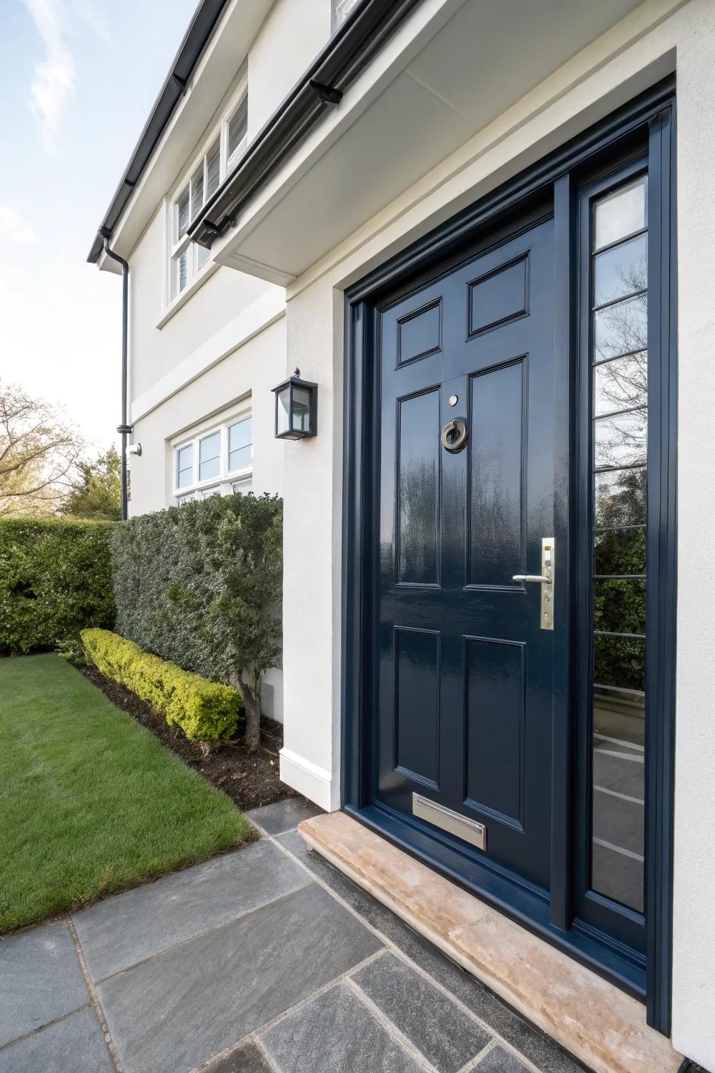 Blackened blue doors shine with a modern twist.