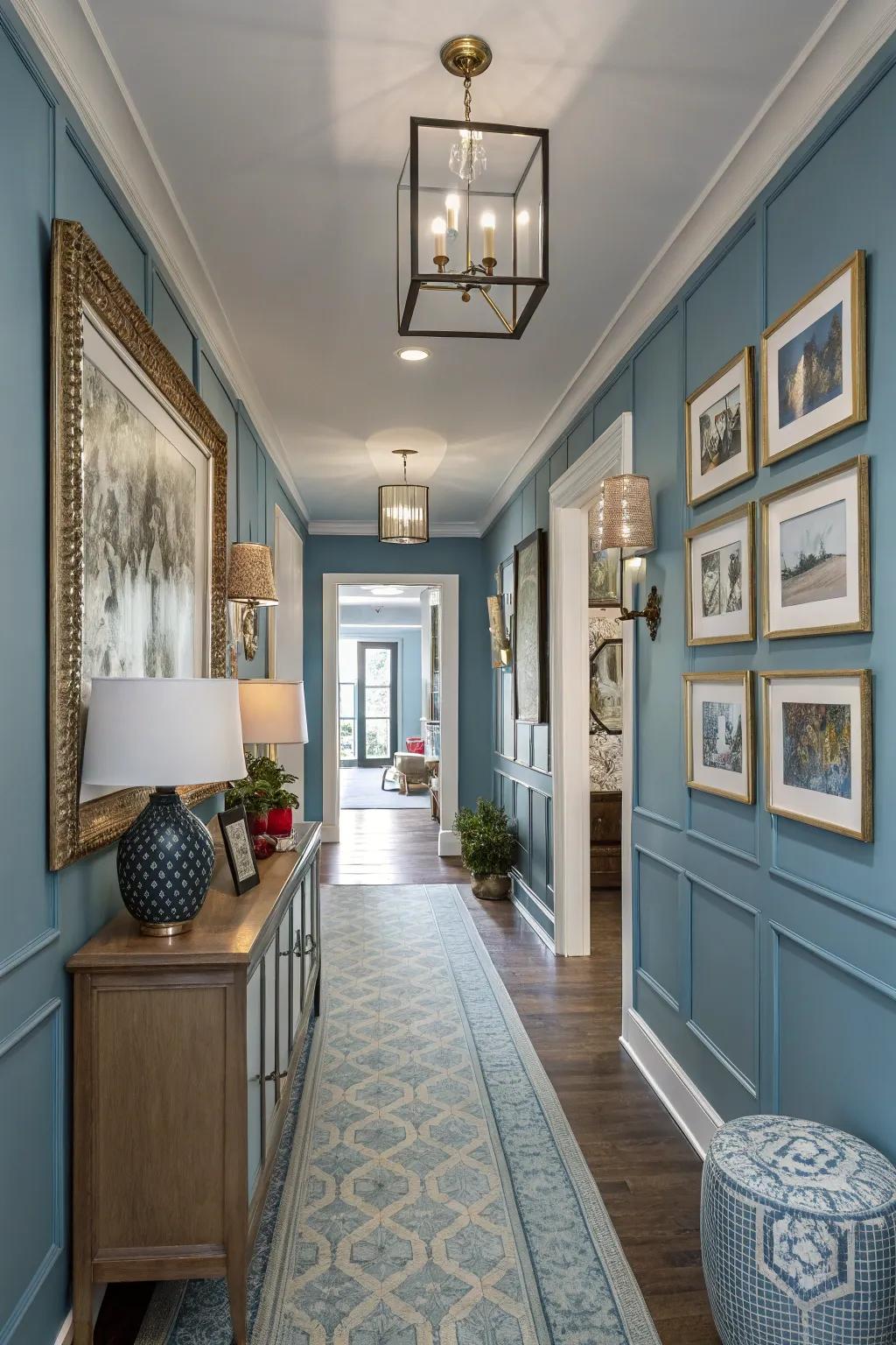 Art and decor enhance the personality of a blue hallway.