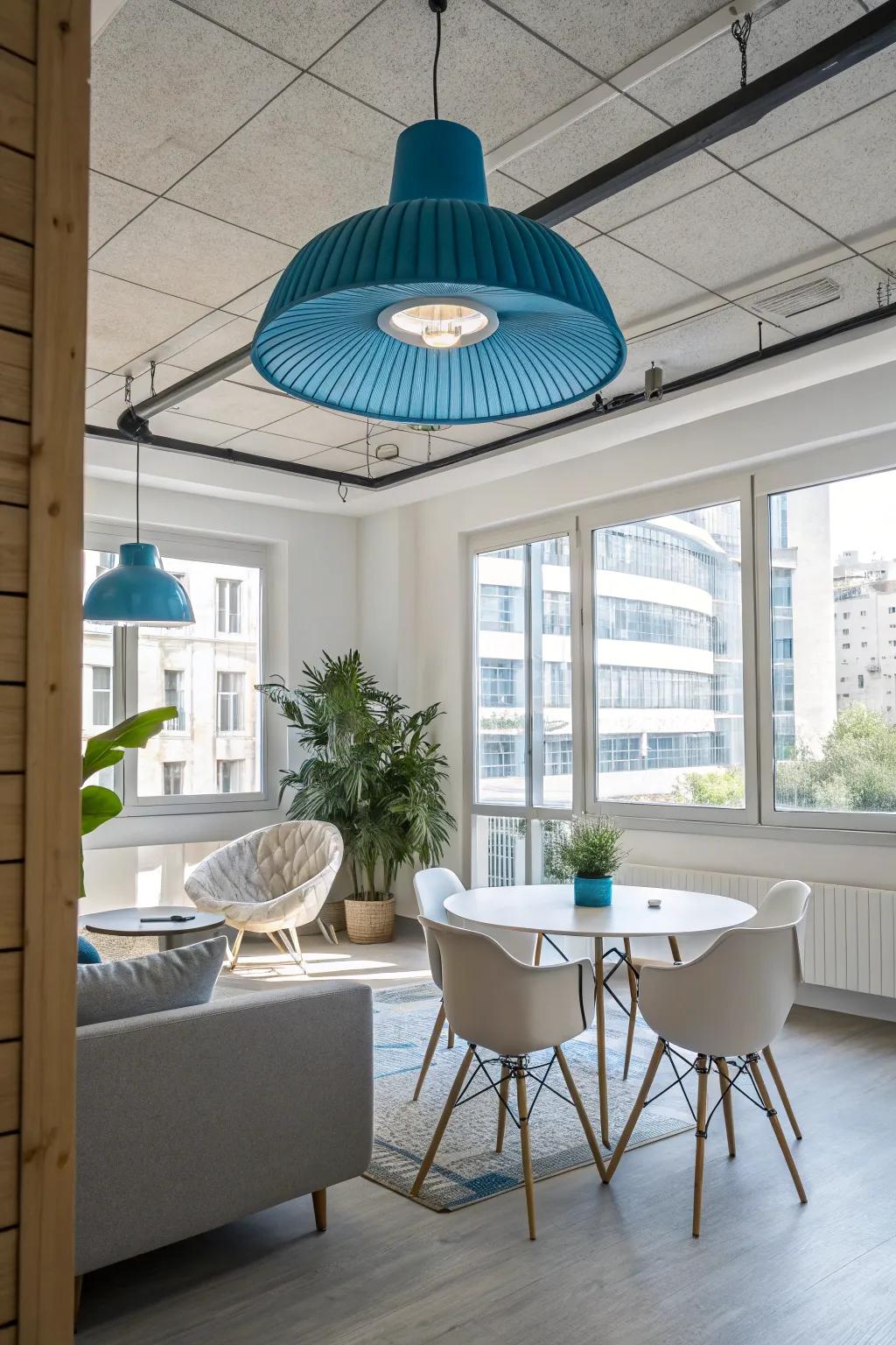 A blue ceiling light creates a striking focal point.