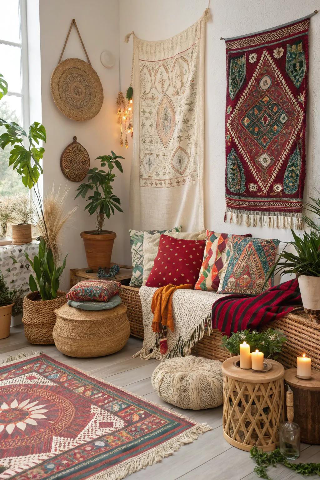 Global accents add worldly charm to boho decor.