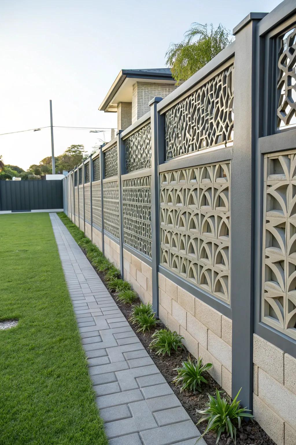 A modern fence design enhanced by decorative breeze blocks.