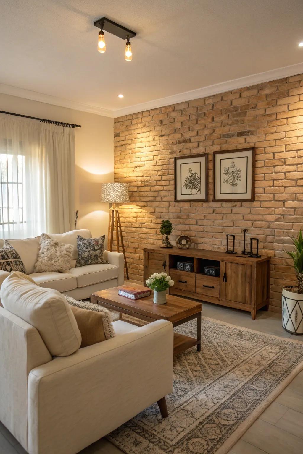 Neutral tones create a calming effect against the brick wall.