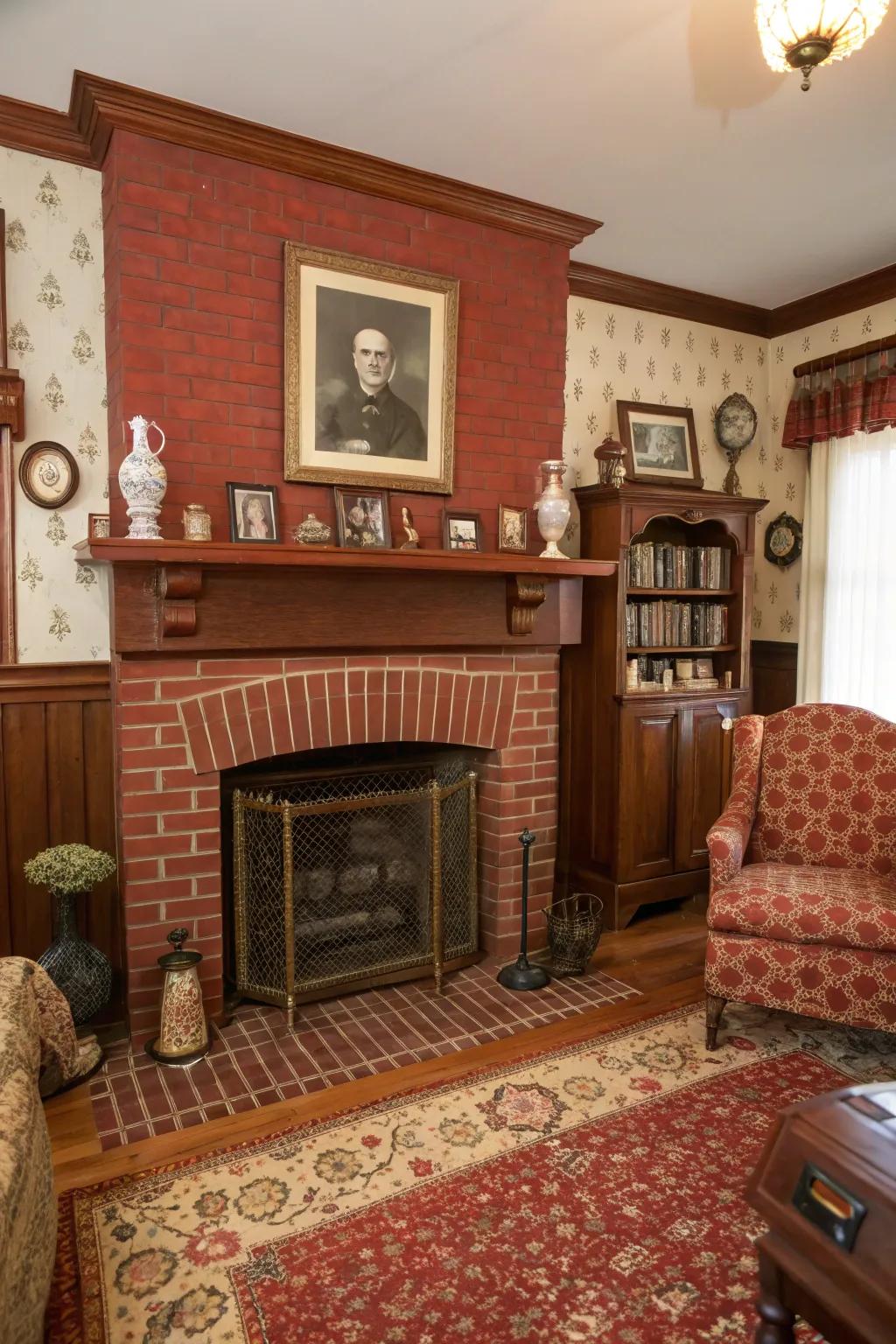 Timeless warmth with a classic red brick fireplace.