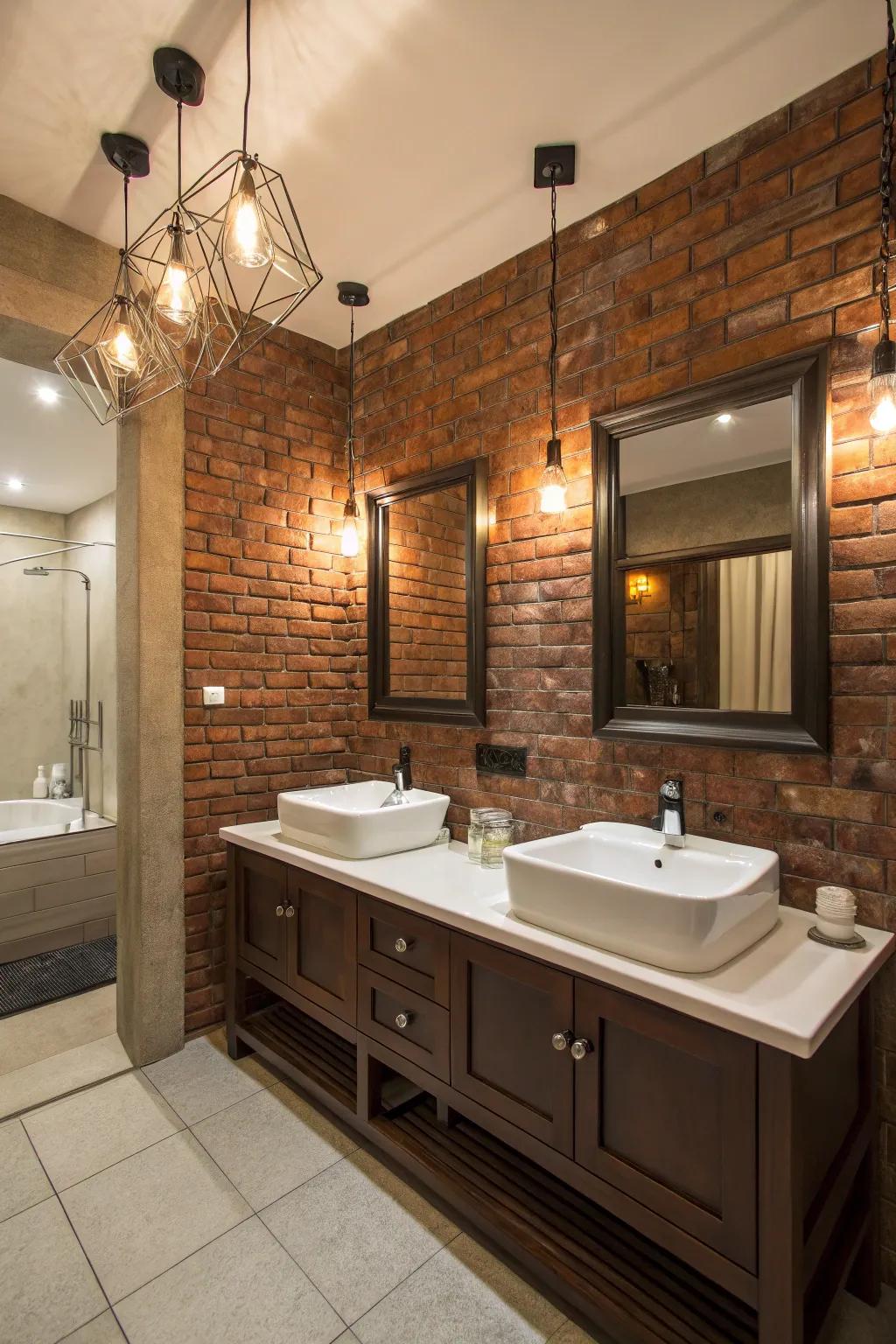 Sophisticated lighting highlights the texture of brick walls.