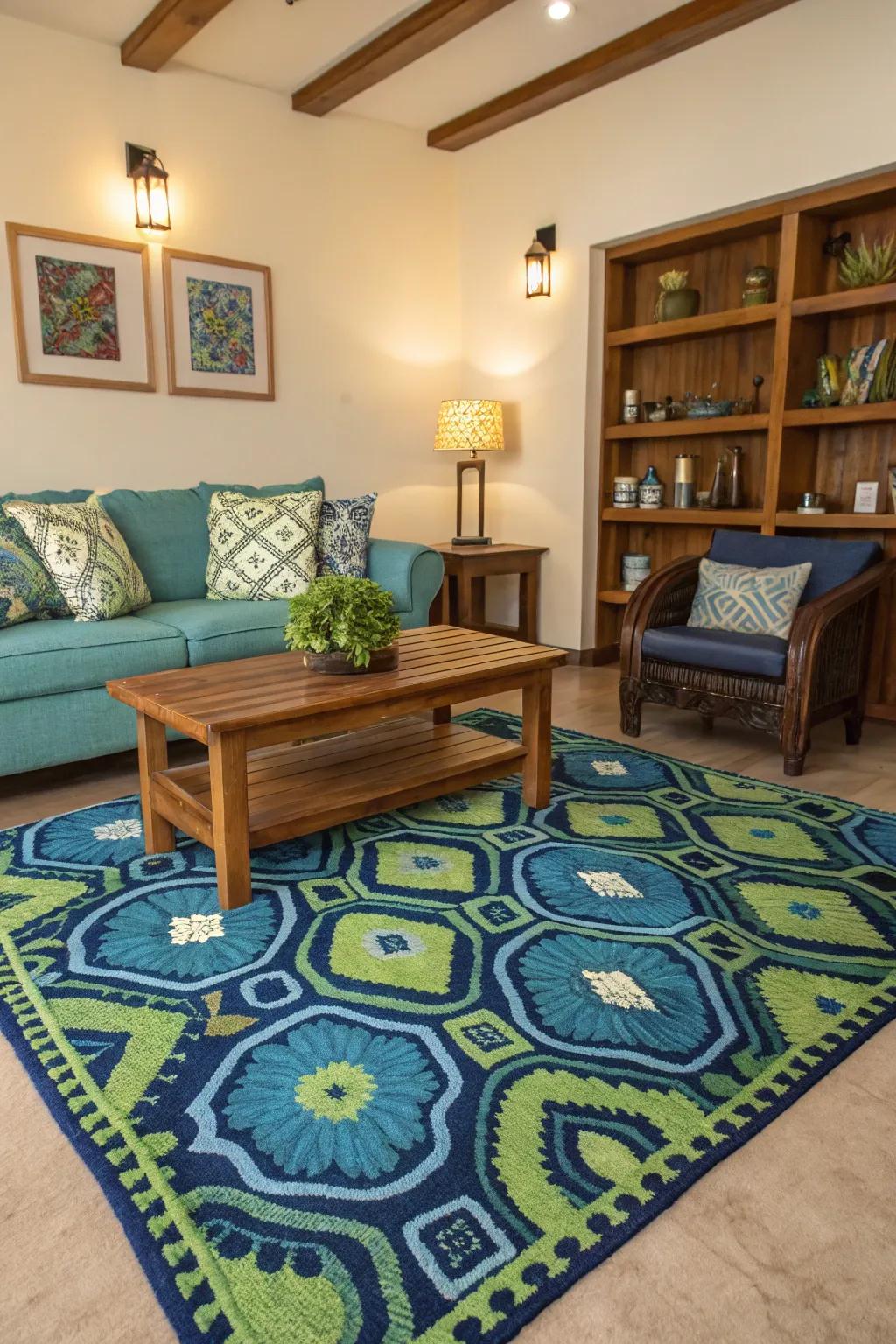 A vibrant rug sets the tone for a colorful and cohesive space.