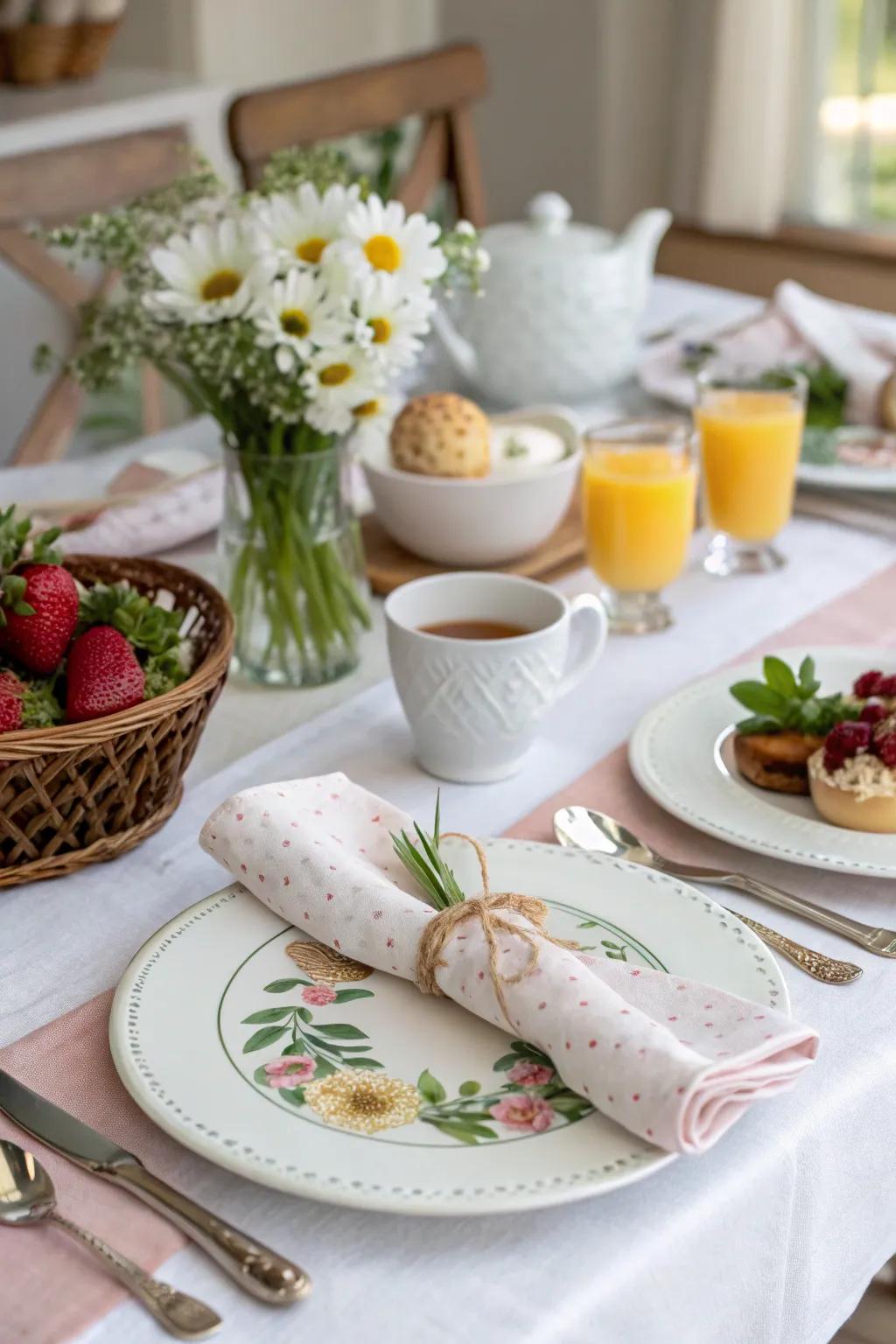 A brunch table adorned with whimsical napkin rings for added flair.