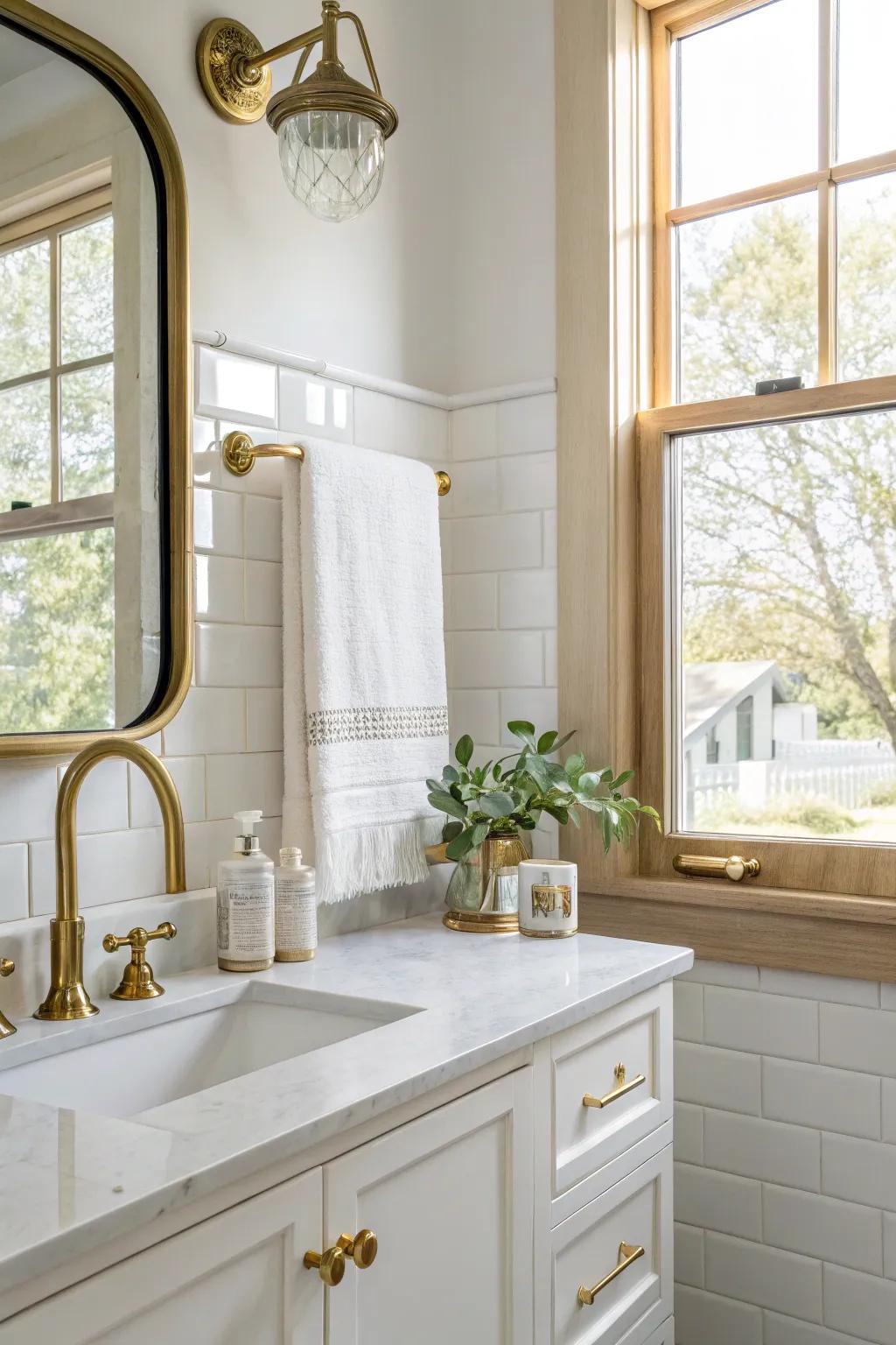 Natural light highlighting the warm tones of brushed brass fixtures.