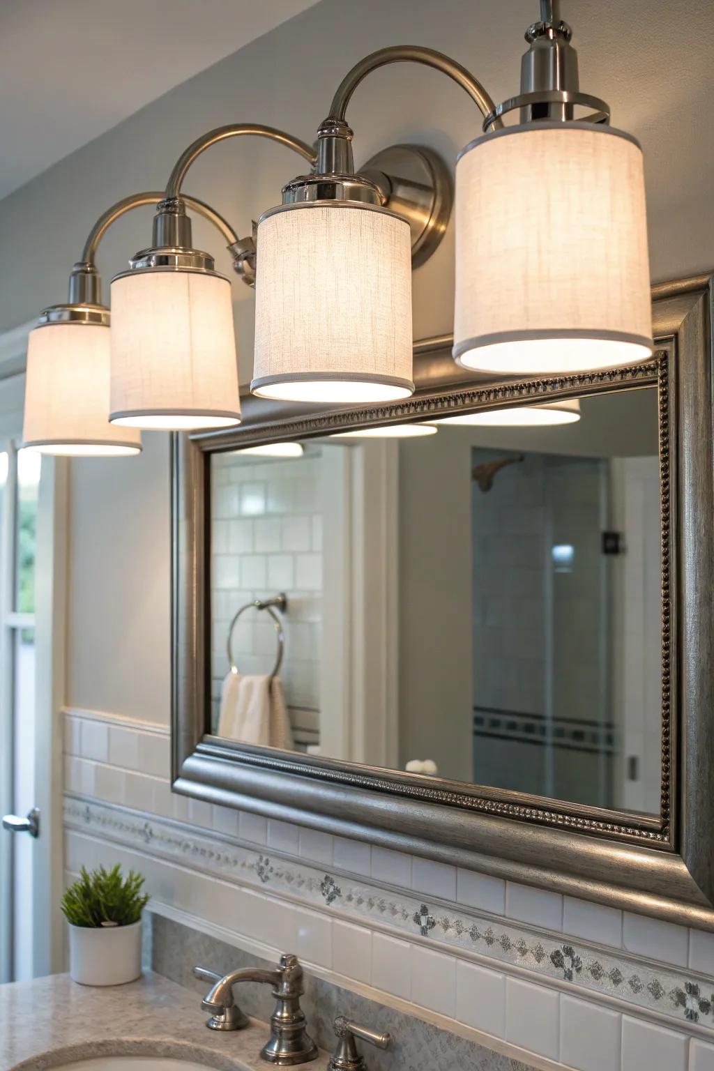 Warmth and comfort with fabric shaded brushed nickel lighting above a bathroom mirror.