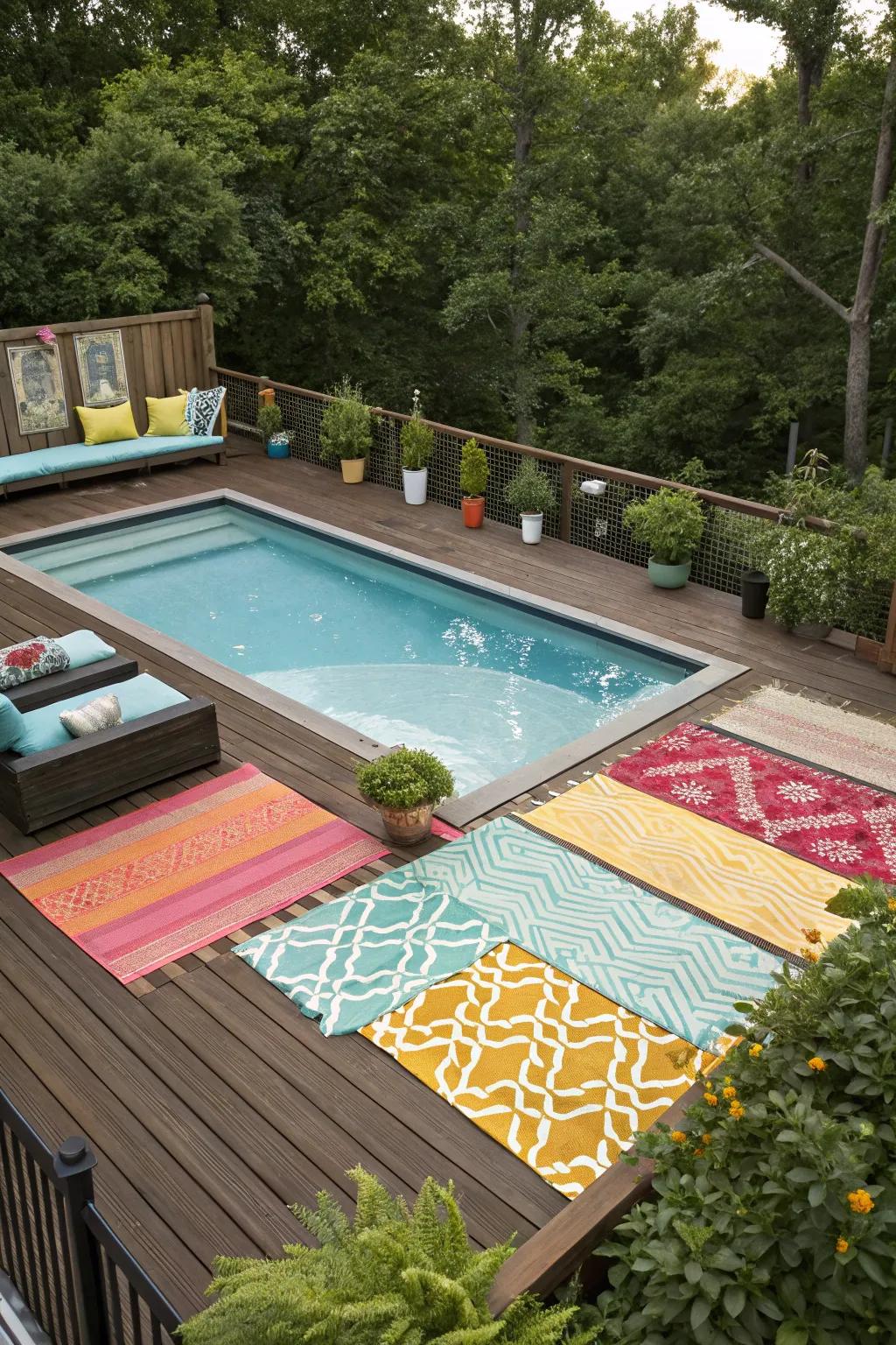 Outdoor rugs provide an easy way to add color and comfort to your pool deck.