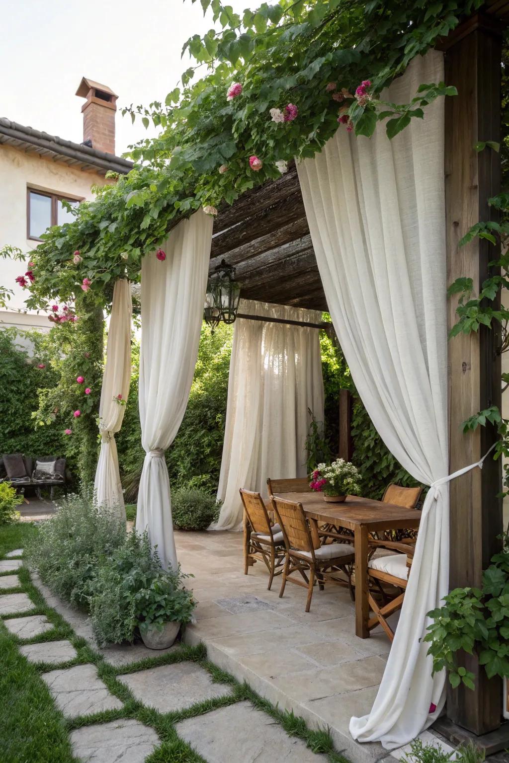 Cozy curtains add privacy and elegance to a backyard pergola.