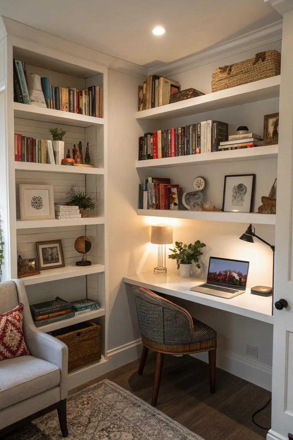 Corner shelves maximize space without adding clutter.