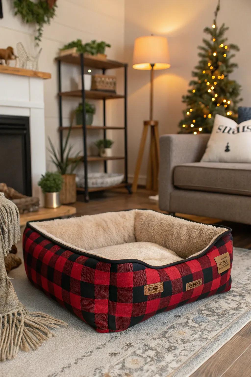 A buffalo plaid pet bed complements the room's decor.