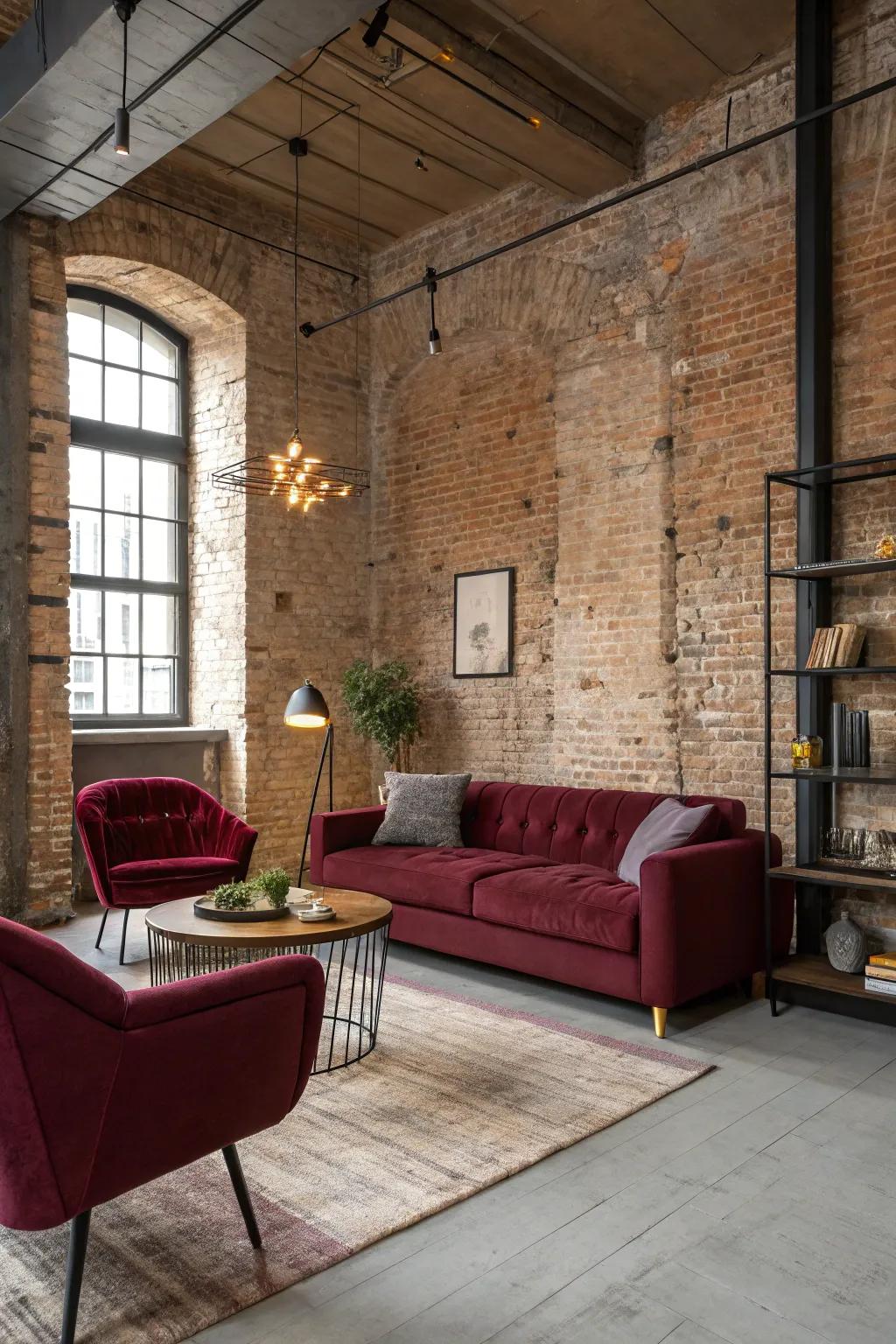 Burgundy and industrial elements create a chic, modern living room.