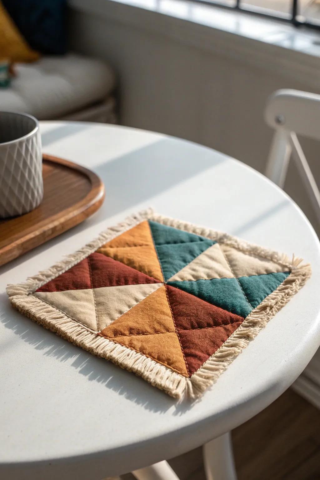 Elevate your table setting with handmade charm: Discover the beauty of quilted coasters crafted from burp cloth remnants.