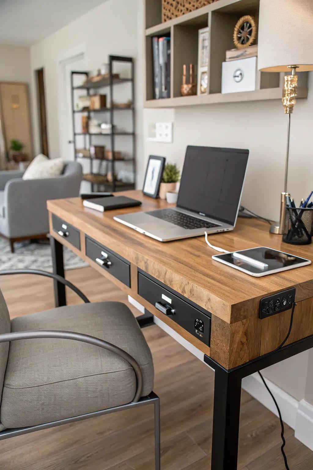 A tech-friendly butcher block desk with built-in ports.