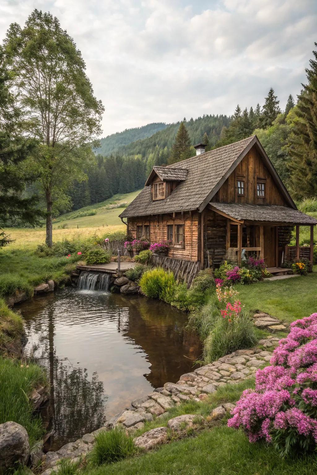 A water feature adding tranquility to the cabin's setting