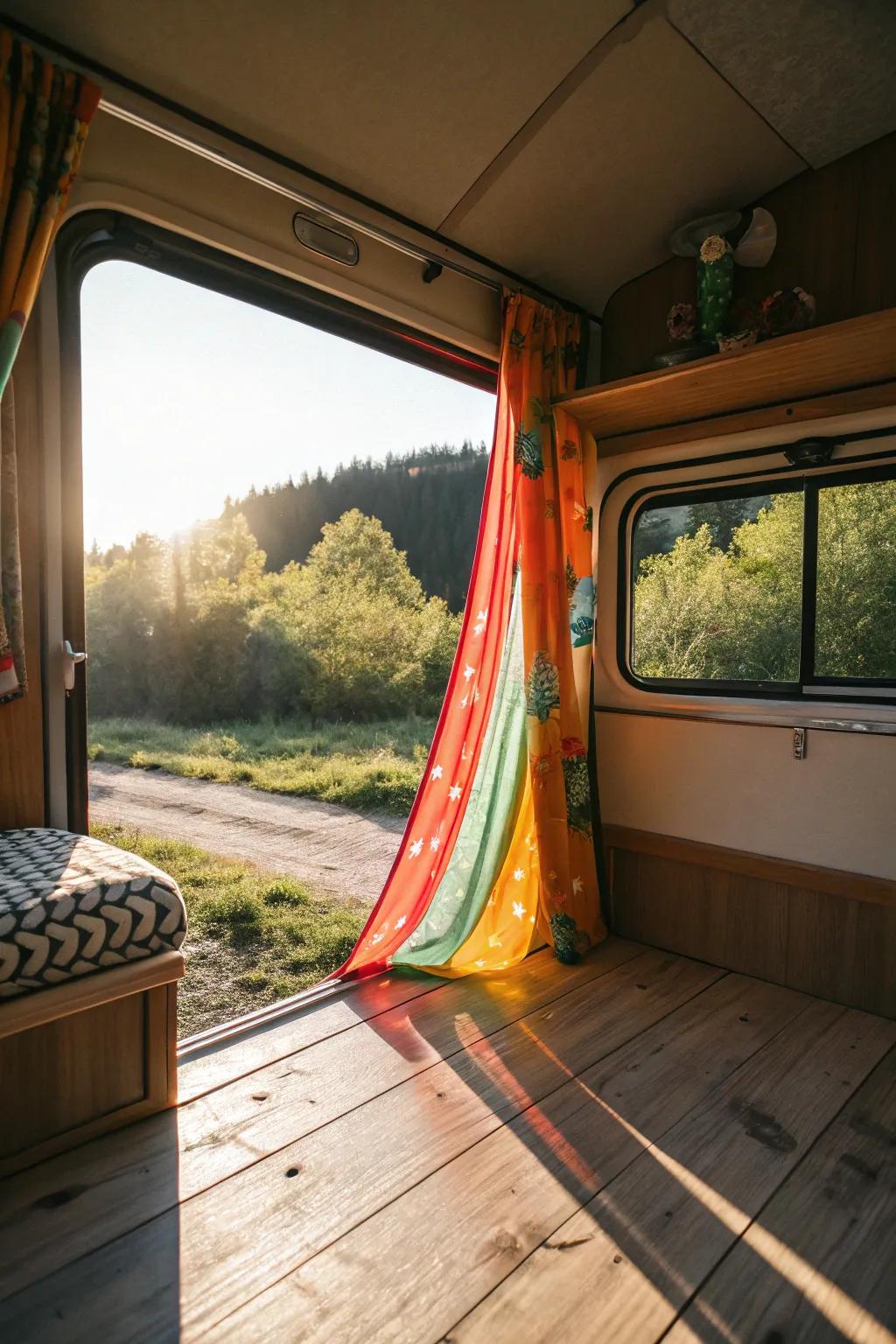 Transform your camper with vibrant curtains for a touch of style and privacy on the road.