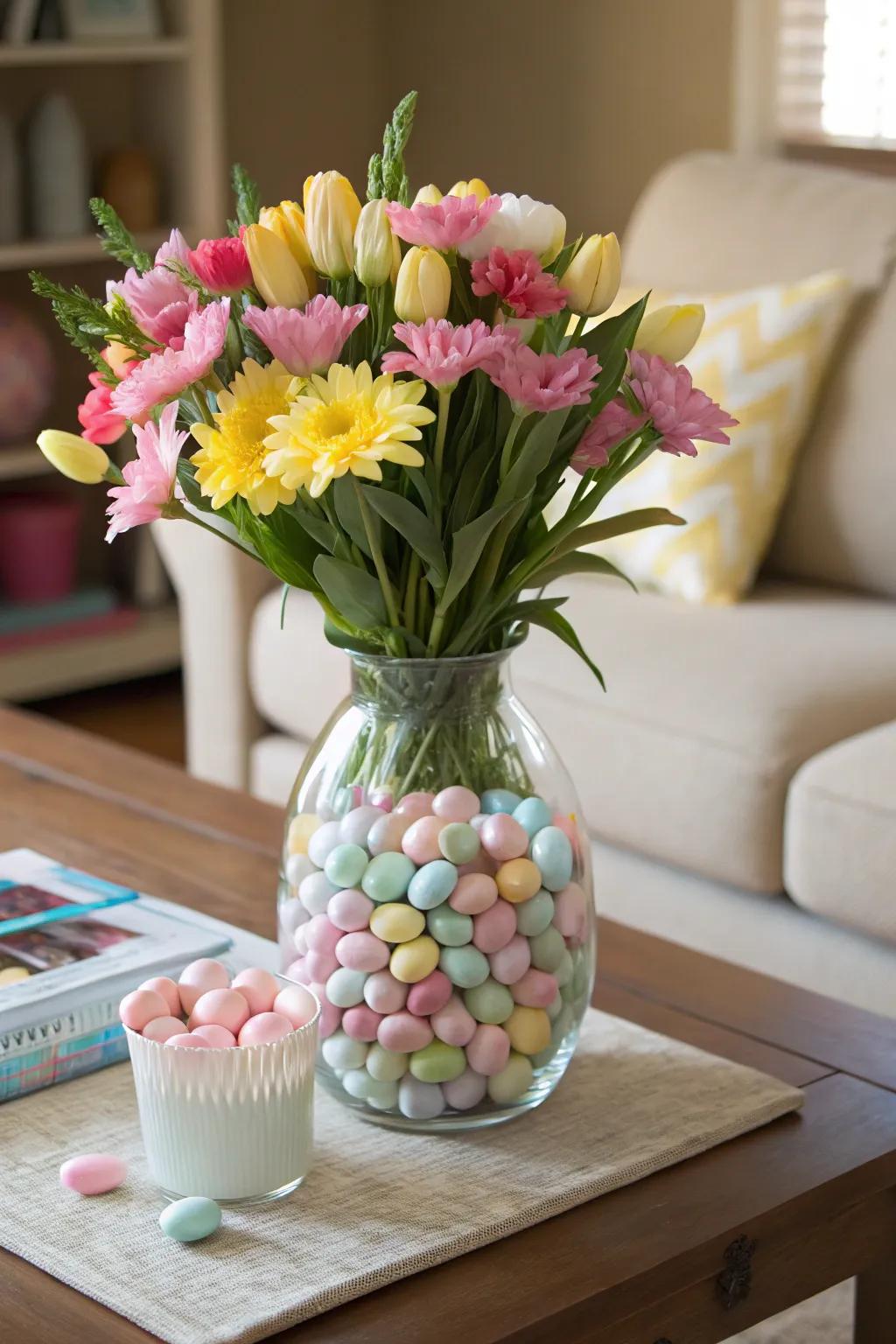 A spring candy vase brings a refreshing burst of color to your decor.