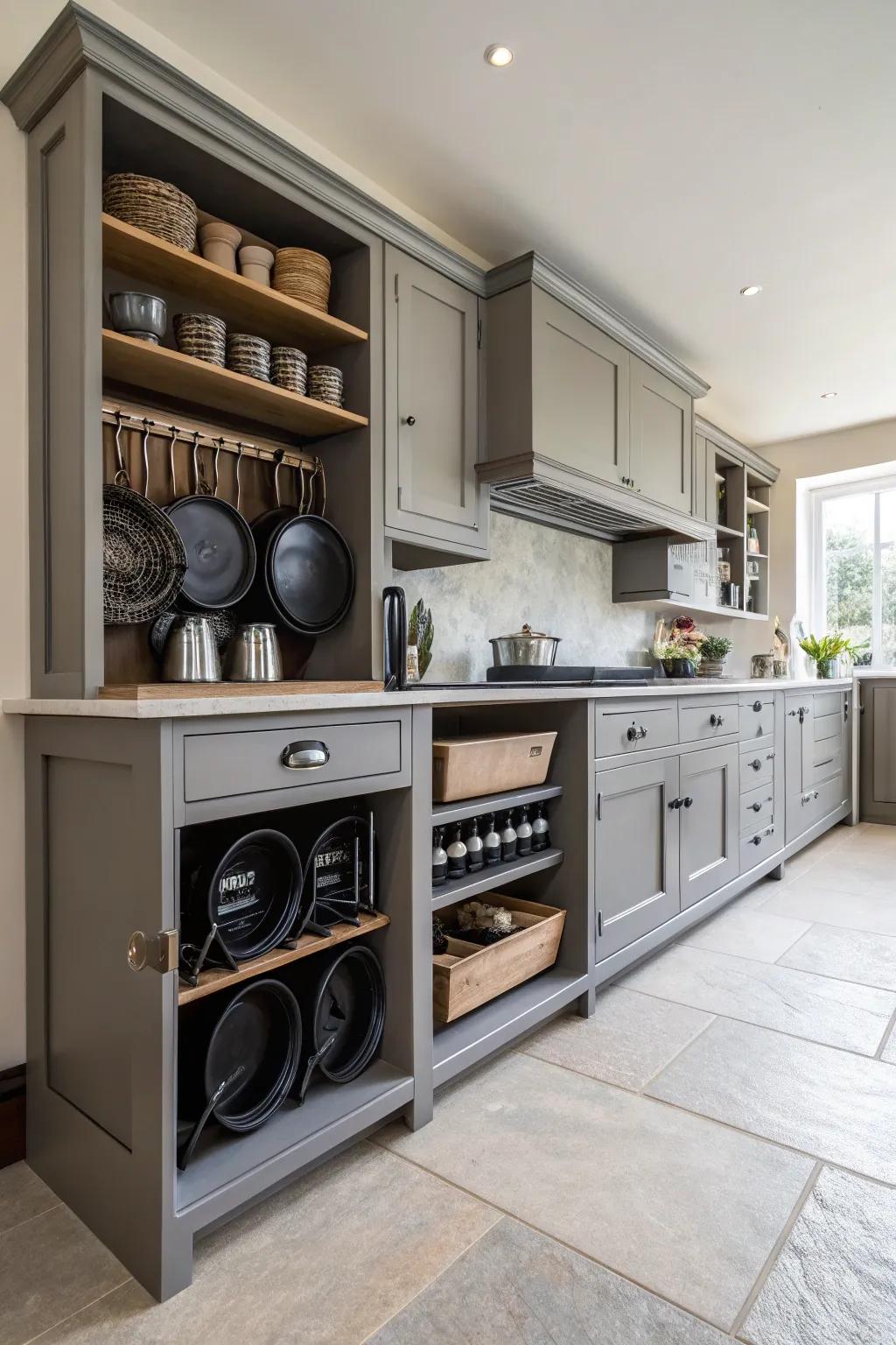 Custom cabinetry with specialized cast iron storage.