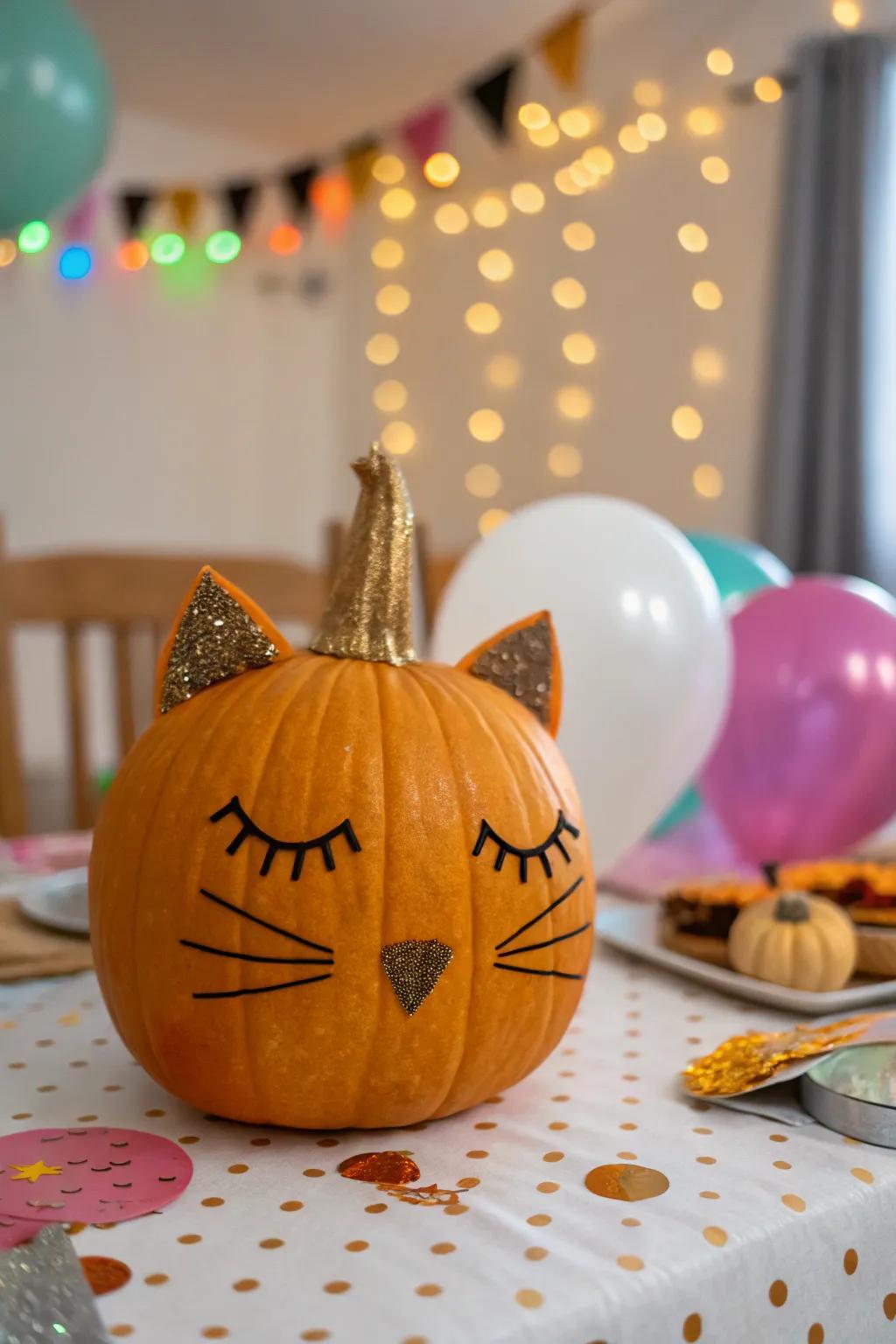 Glamorous glitter cat pumpkin for a touch of sparkle.