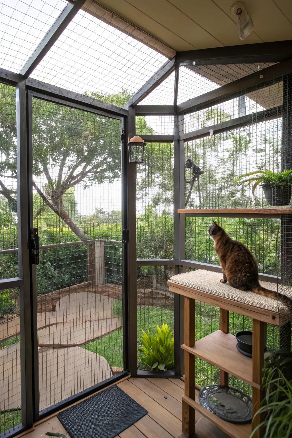 A catio positioned to provide a panoramic view for the cat.