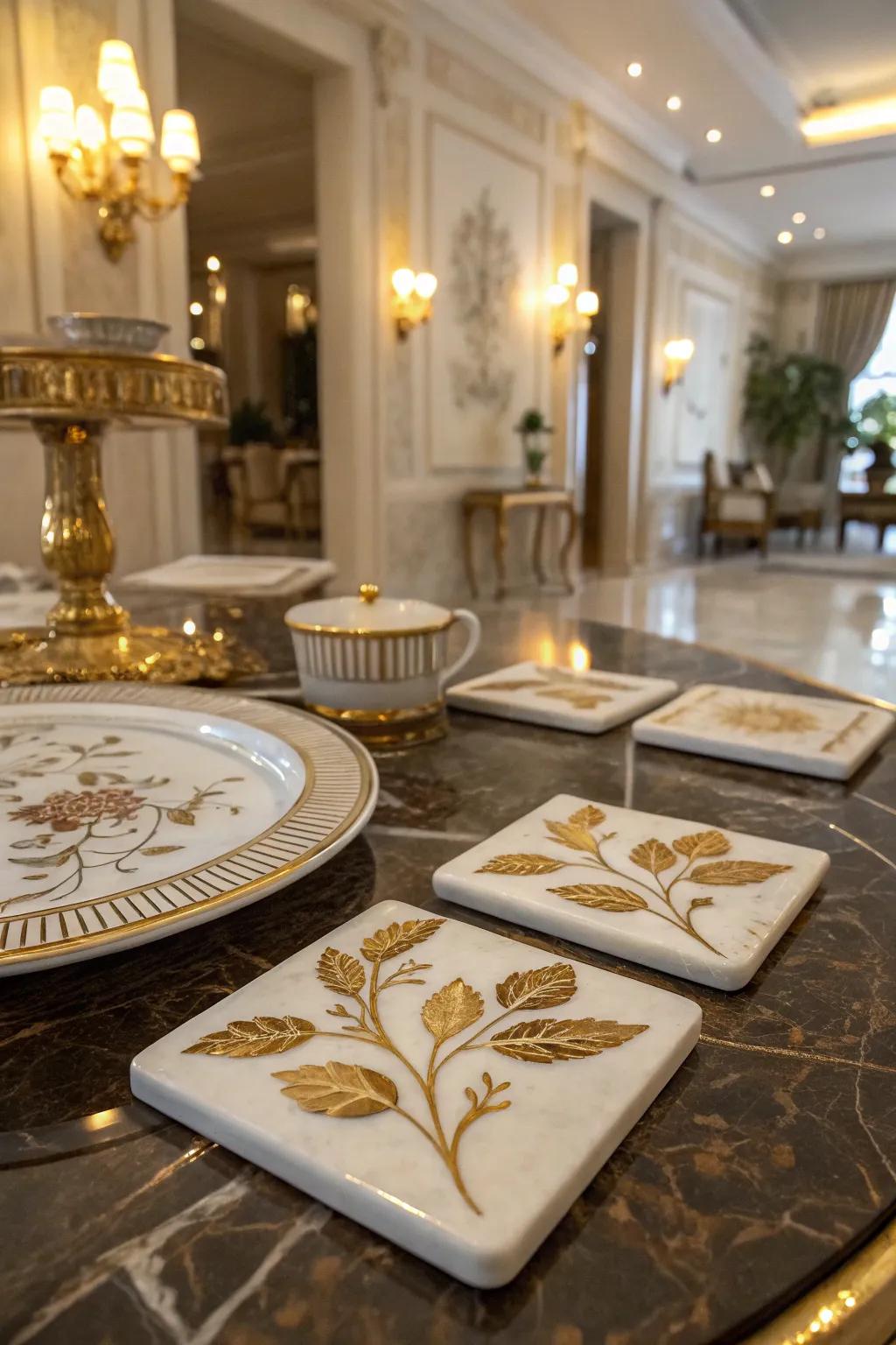 Gold leaf coasters add a luxurious touch.