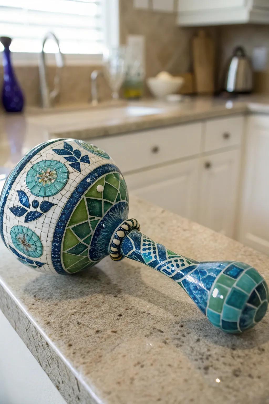 Mosaic tile rattles add vibrant color to your decor.