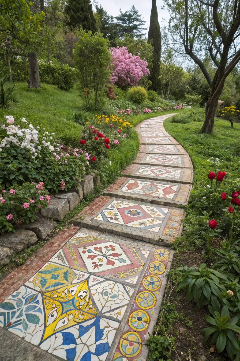 A tiled walkway brings color and creativity to the garden.