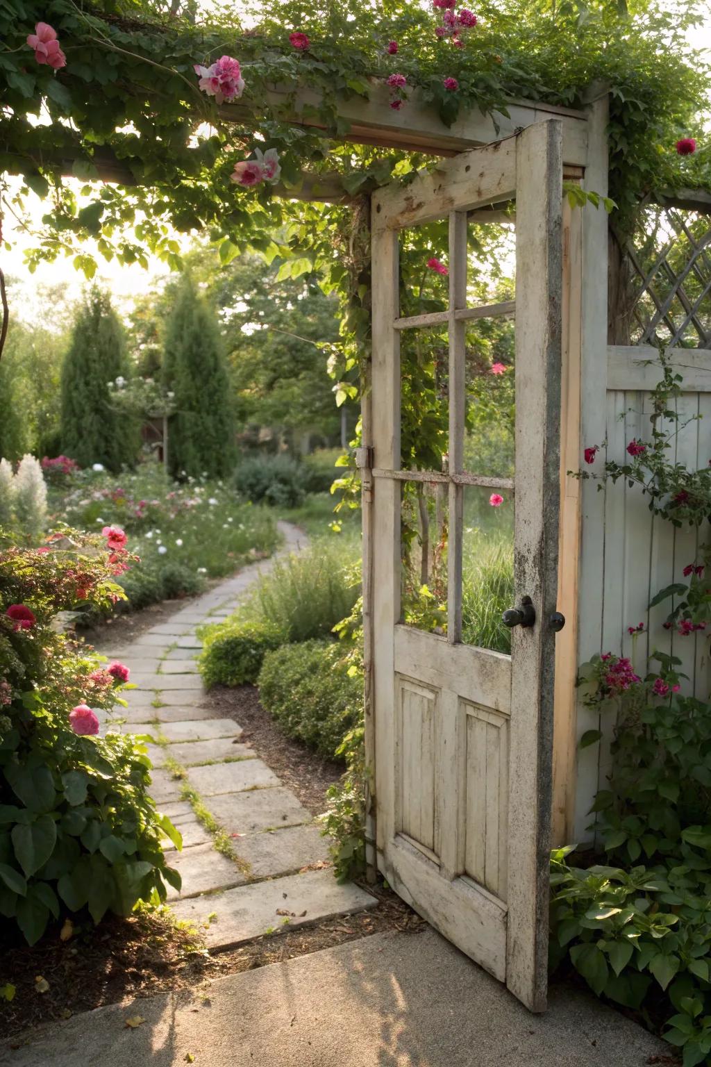 An upcycled window frame garden gate, adding charm and a sense of mystery to the garden.