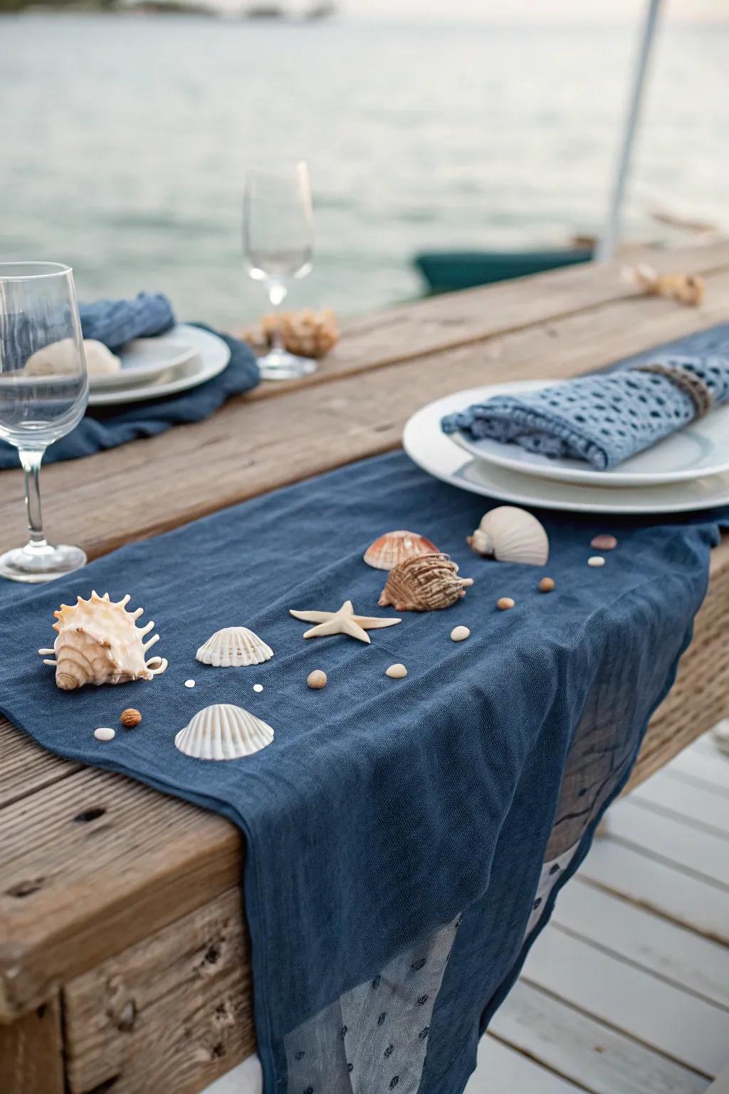 Nautical escape with a navy cheesecloth runner.