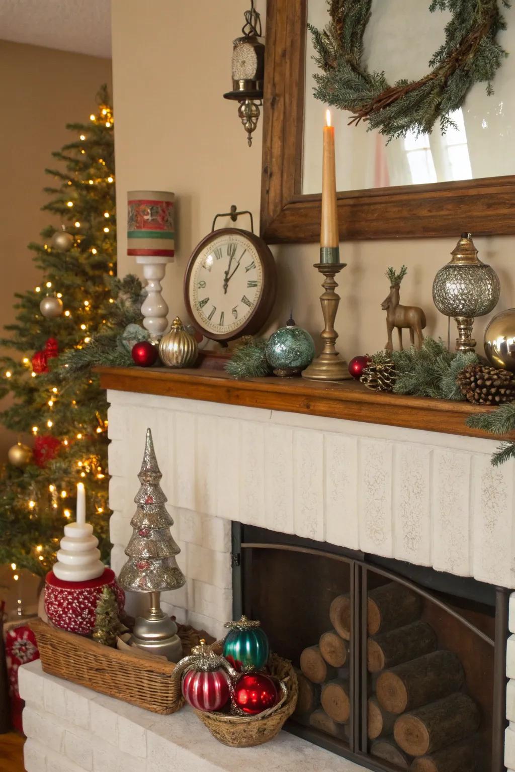 A unique eclectic Christmas mantel.