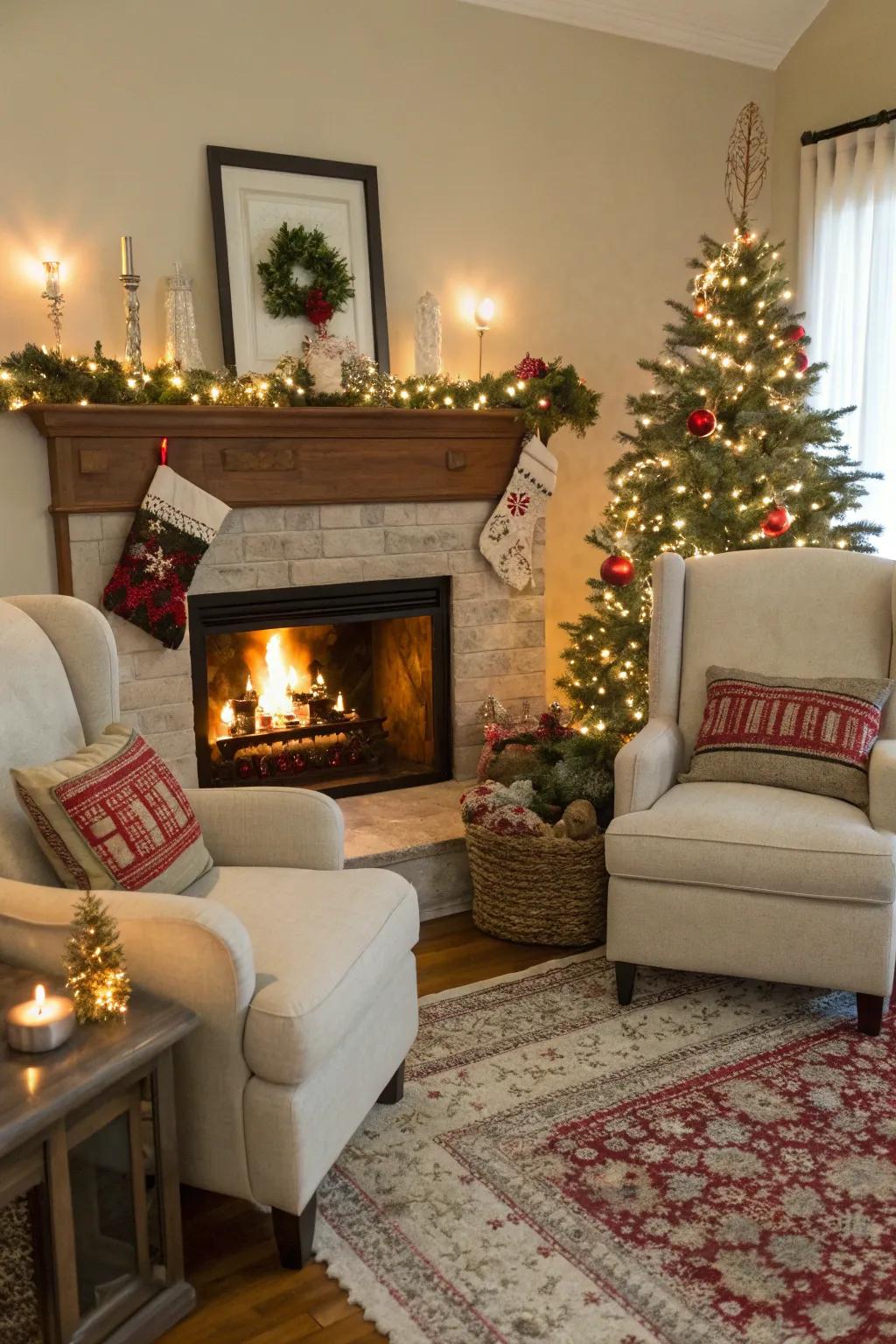 A cozy fireside invites warmth and conversation.