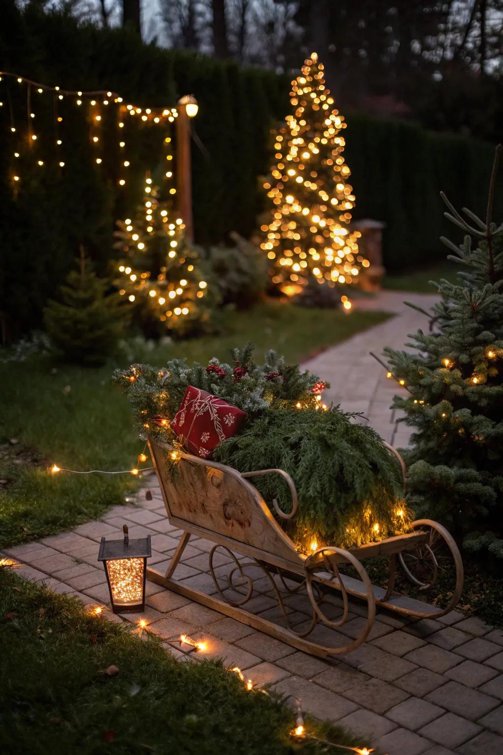 Twinkle lights make the sled shine brightly.