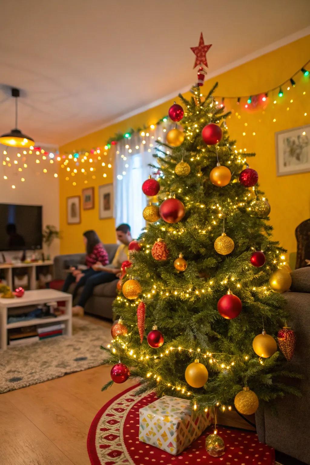 Lift spirits with a cheerful bright yellow and red Christmas tree.