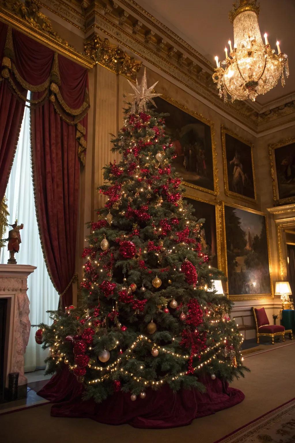 A luxurious Christmas tree with jewel-toned garlands