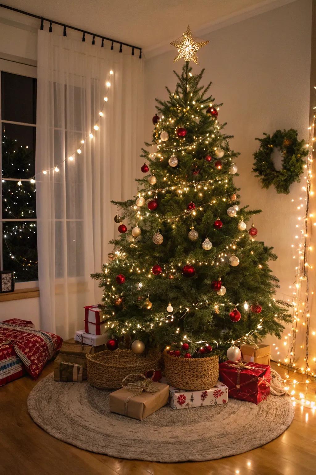 A lighted tree skirt bringing attention to the base of the tree.