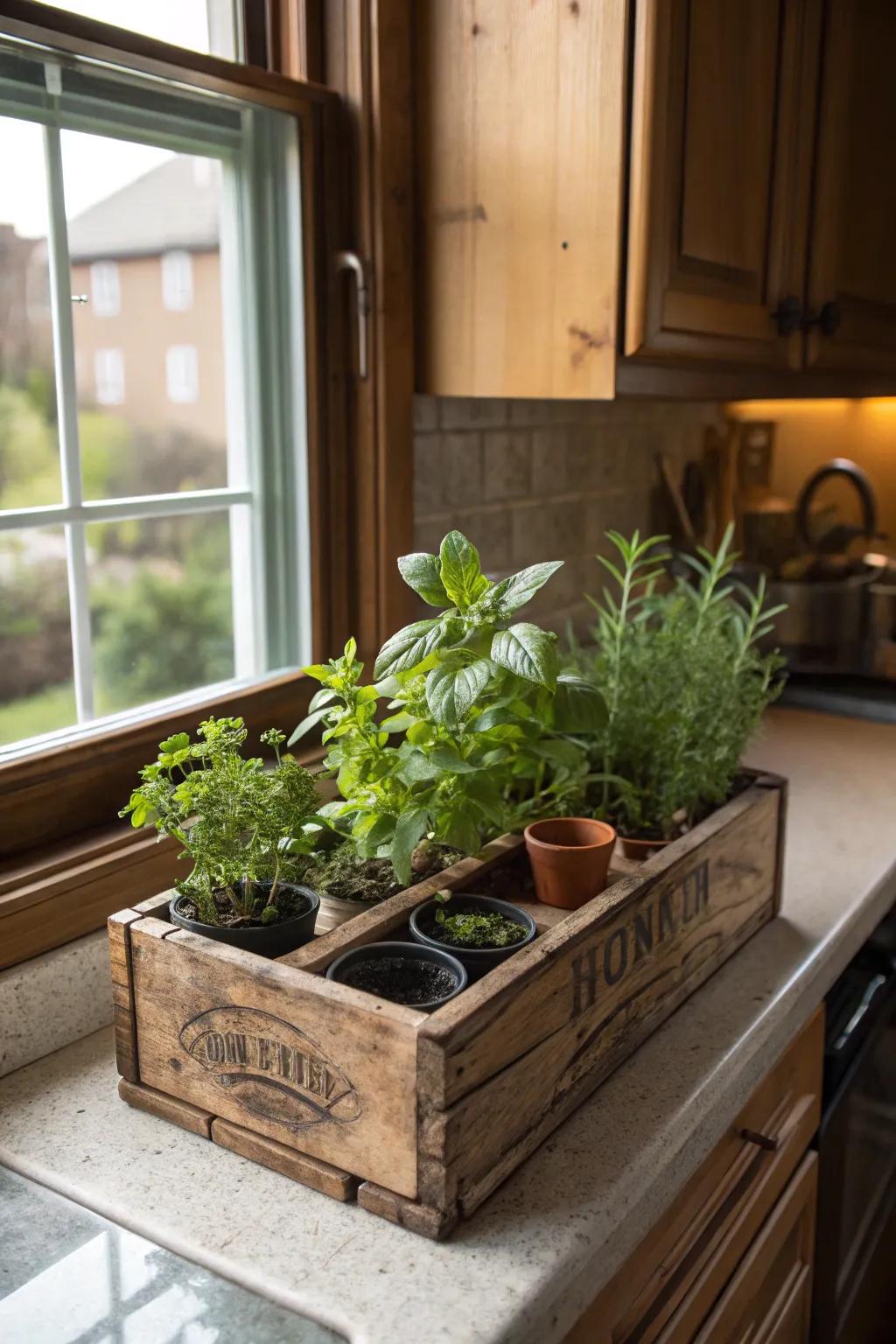 A rustic herb garden from a cigar box brings fresh herbs to your kitchen.