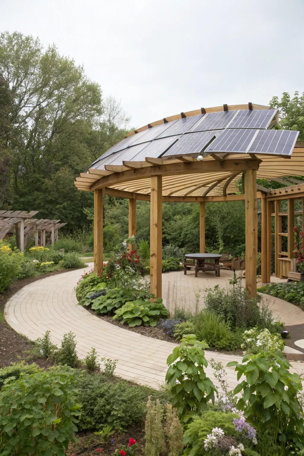 Solar panels on a pergola provide an eco-friendly energy solution.