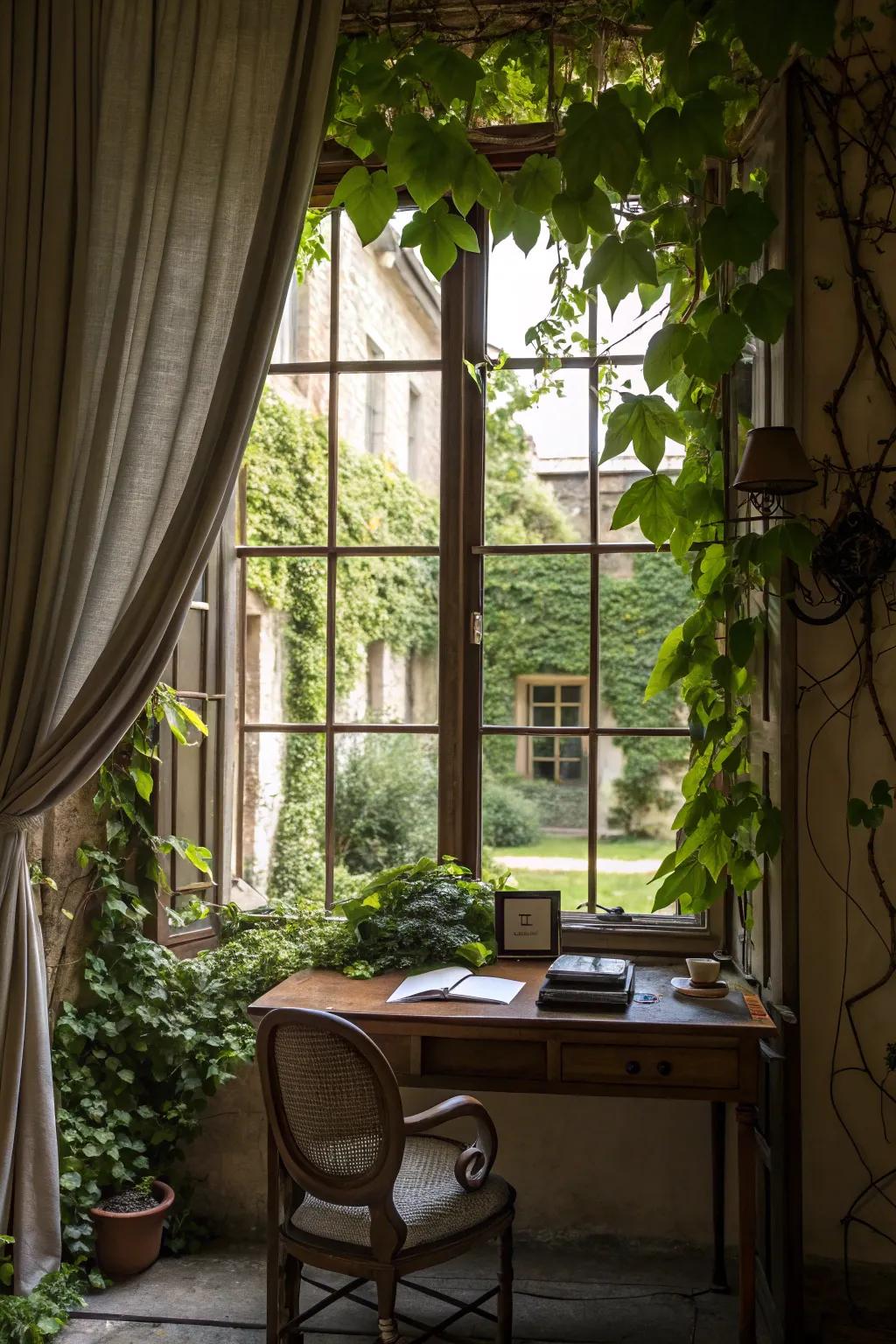 Vines elegantly frame and highlight windows.