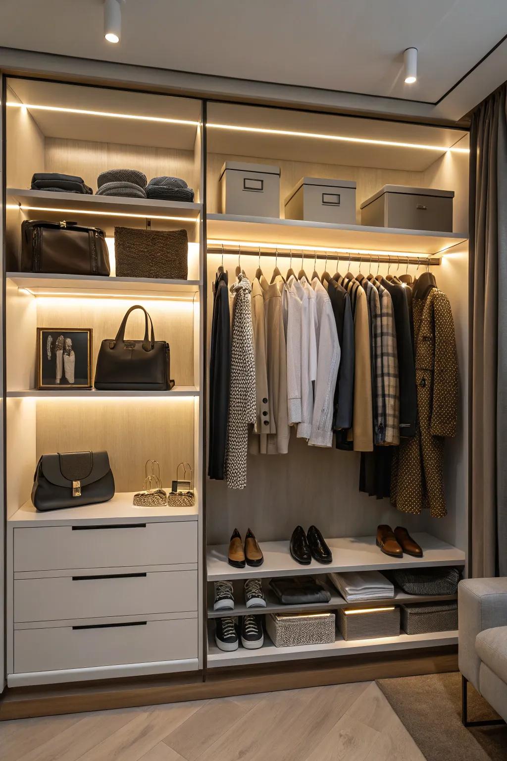 A closet with under-shelf lighting that adds ambiance and highlights the wardrobe.