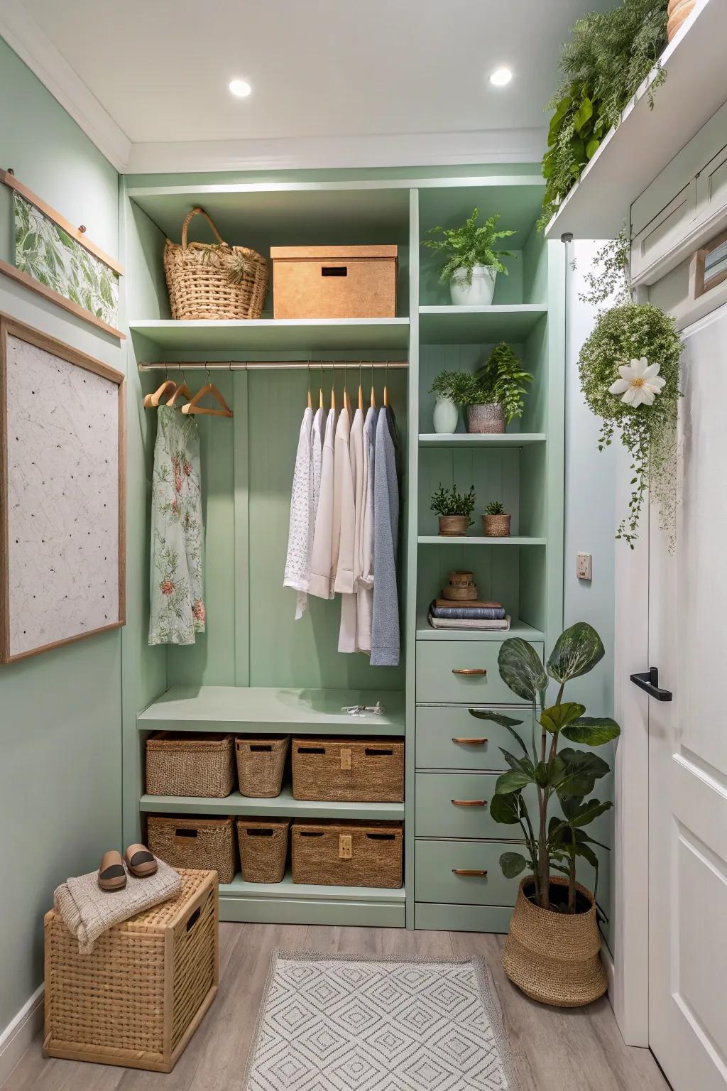 Nature-inspired greens create a fresh and calming closet atmosphere.