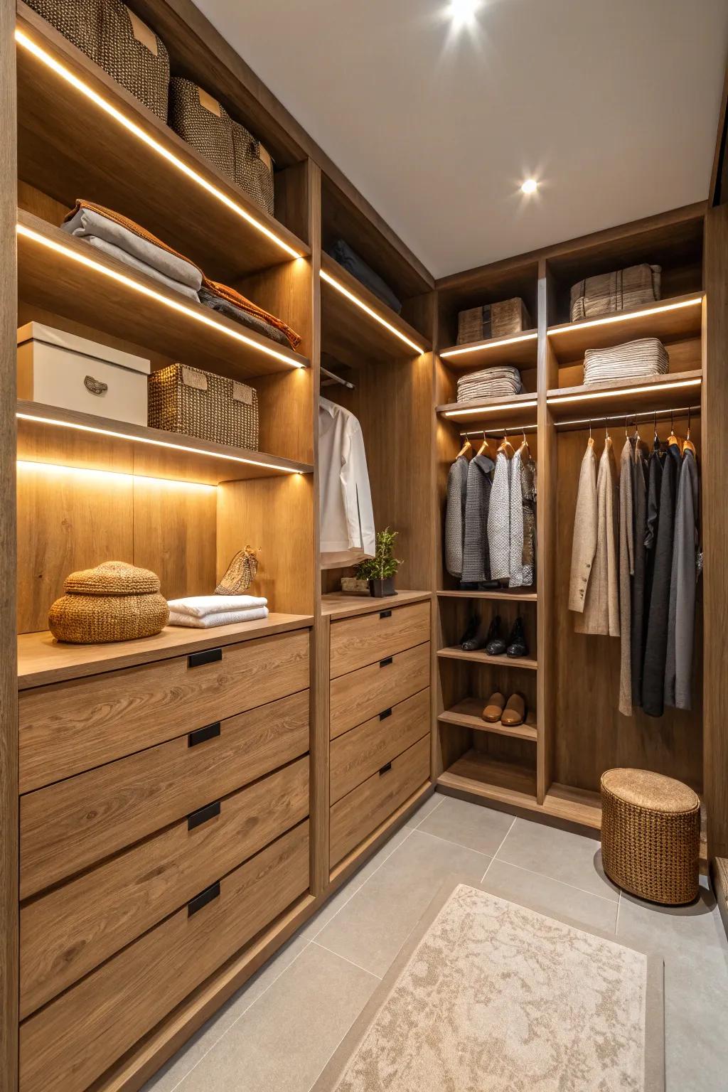 Natural materials create a warm, inviting, and earthy atmosphere in your closet.